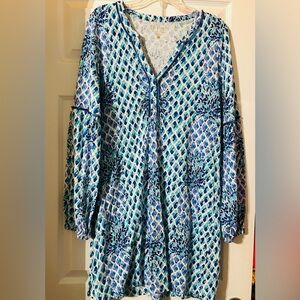 Lilly Pulitzer Blue Patterned V-Neck Long Sleeve Tunic Night Gown Shirt Large